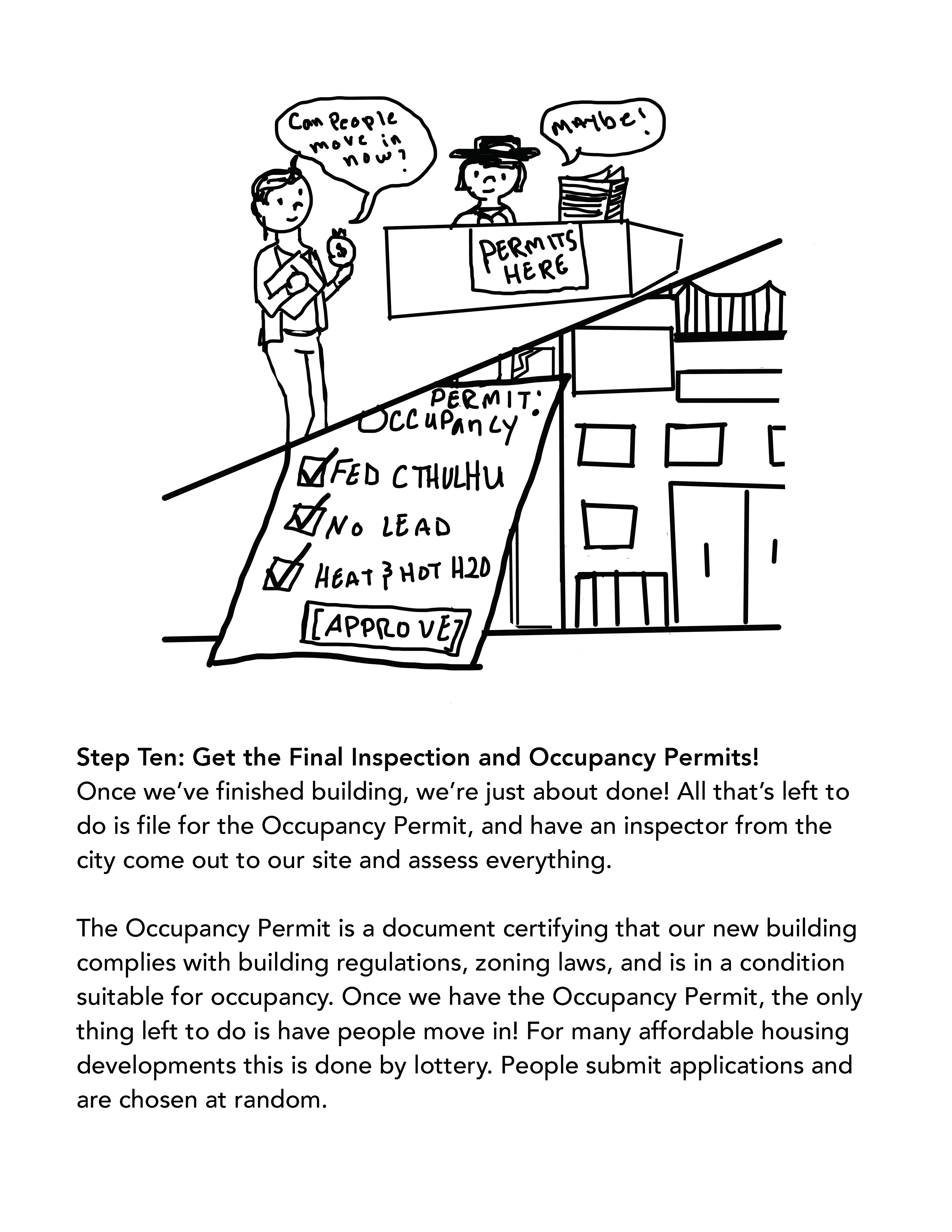 Step Ten: Get the Final Inspection and Occupancy Permits! Once we’ve finished building, we’re just about done! All that’s left to do is file for the Occupancy Permit, and have an inspector from the city come out to our site and assess everything. The Occupancy Permit is a document certifying that our new building complies with building regulations, zoning laws, and is in a condition suitable for occupancy. Once we have the Occupancy Permit, the only thing left to do is have people move in! For many affordable housing developments this is done by lottery. People submit applications and are chosen at random.