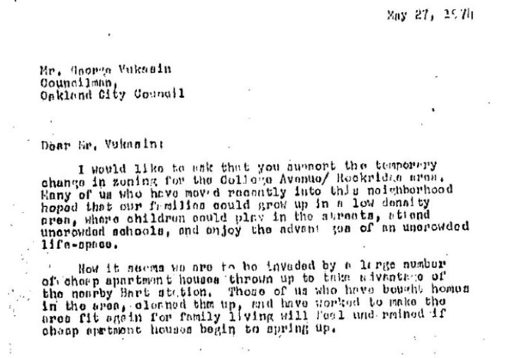 1974 letter from Rockridge homeowner complaining of invasion of apartments
